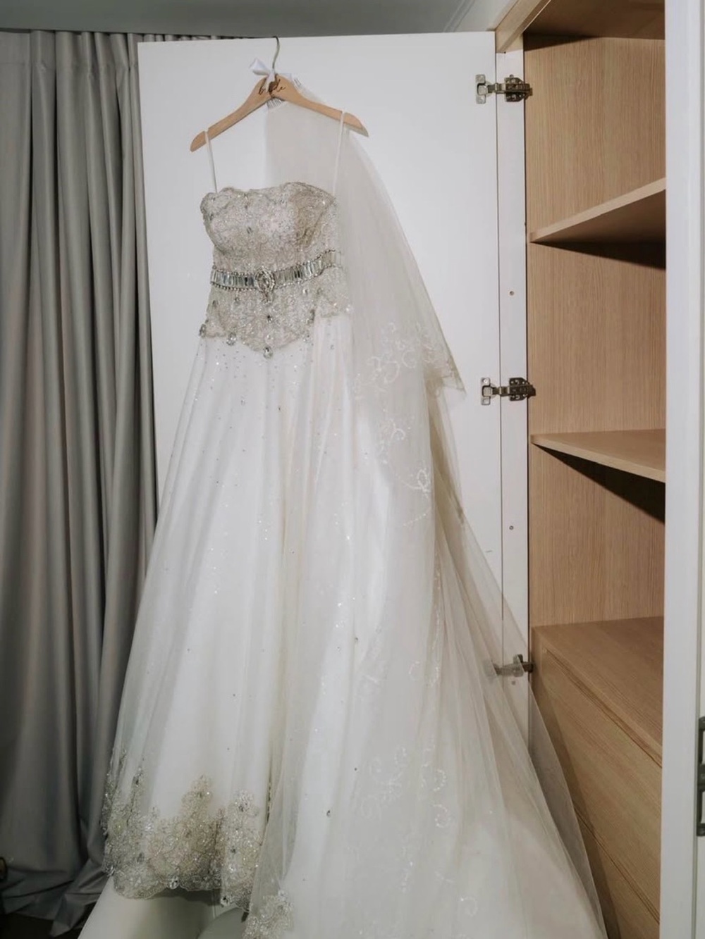 Strapless White Wedding Gown with Beaded Bodice and Veil